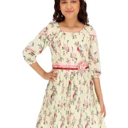 Cutecumber Kids Light Green Floral Print Pleated Dress-image-70