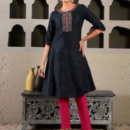 W Royal Blue Embellished A Line Kurta-image-56