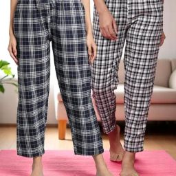Kryptic White & Navy Blue Blue Cotton Relaxed Fit Printed Lounge Pant - Pack of 2-image-70
