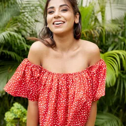 NANGALIA RUCHIRA Red Tropical Print Crepe Crop Top-image-37