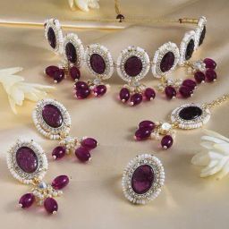 Zaveri Pearls Purple Stones & Beads Choker Necklace Earring Ring & Maangtikka Set-ZPFK15361-image-86
