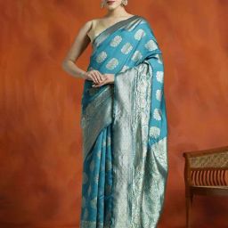 Jaipur Kurti Blue Woven Saree With Unstitched Blouse-picture-2