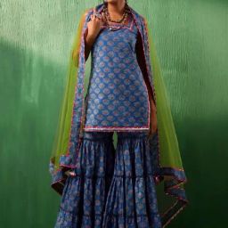Pomcha Jaipur Adaa Lotus Blue Cotton Sharara Set Tunic With Sharara And Dupatta-image-50