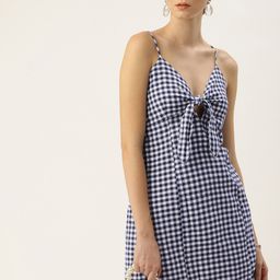 bebe Checked Shoulder Straps Tie-Ups Smocked Detail A-Line Mini Dress-picture-2