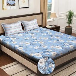 Klotthe Blue 300 TC Polycotton Double Elastic Book Fold Bedsheet with 2 Pillow Covers-image-20