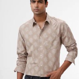 Basics Brown Cotton Slim Fit Printed Shirt-picture-22