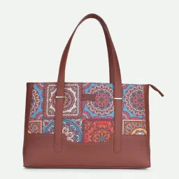 ZOUK Brown & Blue Printed Tote Handbag With Pouch image 1