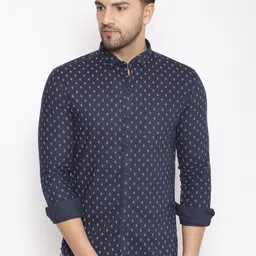 SHOWOFF Men Navy Blue & Grey Cotton Classic Slim Fit Printed Casual Shirt-image-128