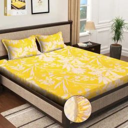 Klotthe Yellow 300 TC Polycotton Double Elastic Book Fold Bedsheet with 2 Pillow Covers-image-37
