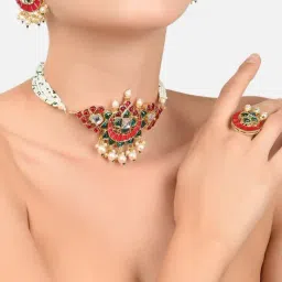 Zaveri Pearls Green & Pink Kundan Multistrand Choker Necklace Earring & Ring Set-ZPFK11441-image-84