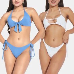 Secrets By ZeroKaata Blue & White Plain Swimwear Bikini-image-78