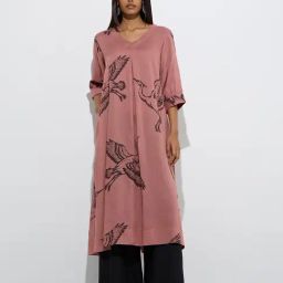 Utsa by Westside Dusty Peach Bird Printed A-Line Kurta-70