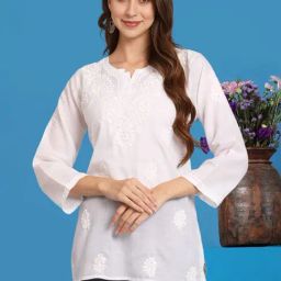PARAMOUNT CHIKAN White Cotton Hand Embroidered Chikankari Straight Kurti-image-78