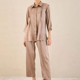 First Resort By Ramola Bachchan Hazel Brown Pintucked Satin Shirt and Straight Pants Set-image-51