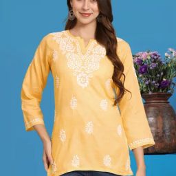 PARAMOUNT CHIKAN Yellow Cotton Hand Embroidered Chikankari Straight Kurti-14