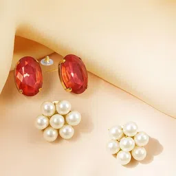 ORANGENYSHA Set Of 2 Gold-Plated Crystals Studded Oval Shaped Korean Studs-picture-38
