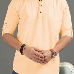 APEKTRA Band Collar Roll-Up Sleeves Slim Fit Short Kurta-picture-5