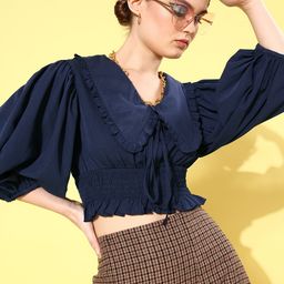 QUIERO Deep Navy Blue Solid Statement Collar Top-image-34