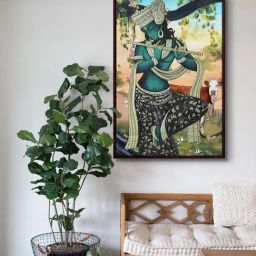 999Store Multi Canvas Lord Krishna Playing Flute With Cow Canvas Painting-8