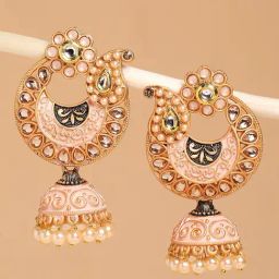 OOMPH Jewellery Pink Peach Enamel Kundan & Pearl Floral Ethnic Jhumki-image-76