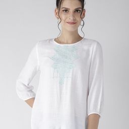 Xpose White & Blue Geometric Embroidered Regular Top-image-43