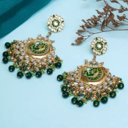 Karatcart Gold-Plated Green Meena Peacock Design Kundan Chand Bali Earrings-32