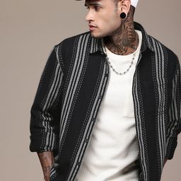 WROGN Striped Drop-Shoulder Sleeves Comfort Fit Knitted Casual Shirt-image-69