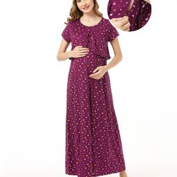 Bella Mama 100% Cotton Knit Half Sleeves Nighty with Concealed Zipper Hearts Print - Purple-picture-22