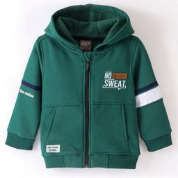 Little Kangaroos Woven Full Sleeves Hooded Sweatshirt With Text Print - Green-image-15