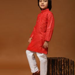 P-MARK Full Sleeves Floral Block Motif Foil Printed  Kurta Pyjama Set - Red-image-60