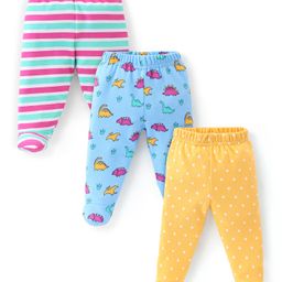 Babyhug Cotton Full Length Bootie Leggings Stripes & Dino Print Pack Of 3- Blue Yellow & Pink-image-85
