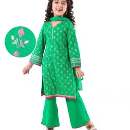 Earthy Touch Single Jersey Knit Full Sleeves Printed Kurta & Salwar Set with Dupatta - Green-image-80