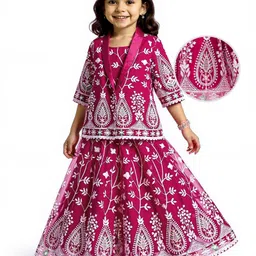 Babyhug Woven Three Fourth Sleeves Floral Embroidered Choli Lehenga Set with Jacket - Pink-picture-17