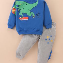 Kookie Kids Terry Knit Full Sleeves Winter Wear Suit With Dino Print & Spikes Detailing - Royal Blue & Light Grey-image-0