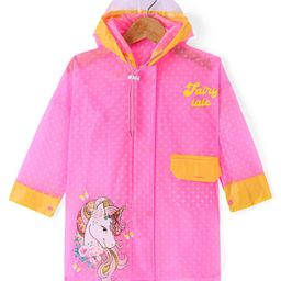 Babyhug Full Sleeves Below Knee Length Hooded Raincoat with Polka Dots & Unicorn Print - Pink-image-73