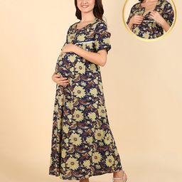 Zelena 100% Cotton Half Sleeves Floral Printed Zipless Maternity Nighty - Blue-image-96