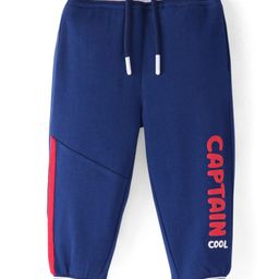 Babyhug Terry Knit Full Length Text Printed Track Pant with Tape Detailing - Navy Blue-image-100