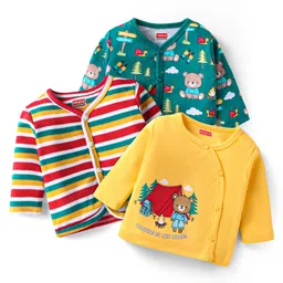 Babyhug 100% Cotton Knit Full Sleeves Front Open Anti Bacterial Vests with Stripes & Teddy Bear Print Pack of 3 - Yellow & Green-picture-46