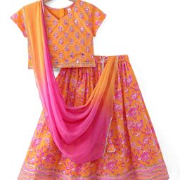 Babyhug Woven Half Sleeves Floral Print Choli Lehenga & Dupatta Set With Sequin Embroidery & Lace Detailing - Orange-image-93
