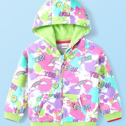 Babyhug Cotton Knit Full Sleeves Hooded Sweatjacket with Text & Rainbow Theme Print - Blue Pink & Green-image-72
