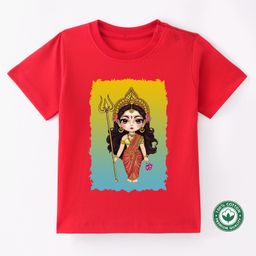 BLUSHES Durga Puja Theme 100% Cotton Half Sleeves Durga Maa Printed Tee - Red-picture-13
