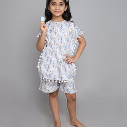 Little Clothing Cotton Woven Bat Wing Half Sleeves Floral Printed & Pompom Lace Detailed Kaftan Top & Coordinating Shorts Set - Multi Colour-image-73