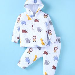 Doreme Full Sleeves Hooded Front Open Winter Wear Co-Ord Set With Animals Print - White-image-23