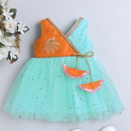 Many frocks & Sleeveless Floral Foil Printed With Lace & Sequins Embellished Net Dress - Blue-image-48