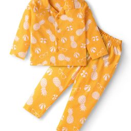Babyhug Cotton Knit Full Sleeves Front Open Night Suit with Pineapple Print - Yellow-image-96