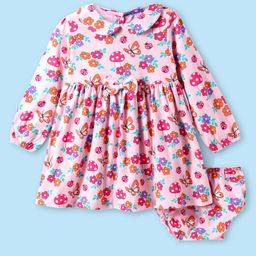 Babyhug Cotton Knit Full Peasant Sleeves Floral Printed Peter Pan Collared Frock with Bow Detailing - Pink & Blue-image-1