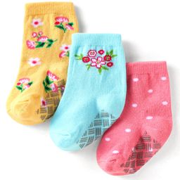 Cute Walk by Babyhug Knit Ankle Length Antibacterial Anti Skid Socks with Polka Dots & Floral Design Pack of 3 - Pink Light Blue & Yellow-image-11