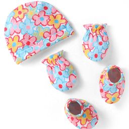 Babyhug Interlock Knit Cap Mittens & Booties Set with Floral Prints White - Diameter 10 cm-image-52