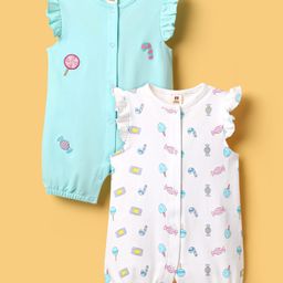 ToffyHouse Knitted Frill Sleeves Front Open Rompers with Candy Print & Patch Detailing - Aqua Blue & White-image-35