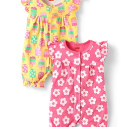 Babyhug Interlock Knit Frill Sleeves Romper With Floral & Tropical Print Pack of 2 - Pink & Yellow-image-135